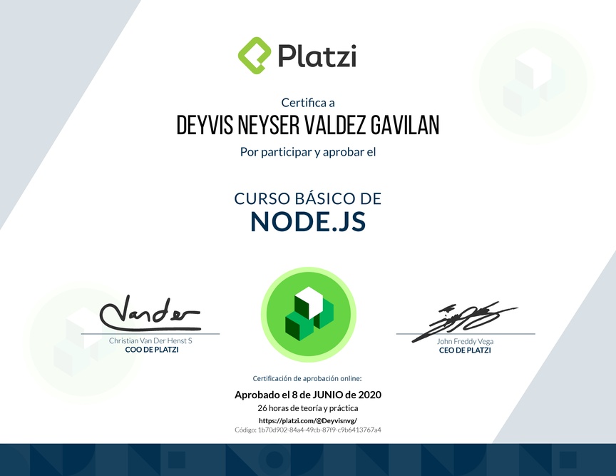 Diploma del Curso Básico de Node.js 2018