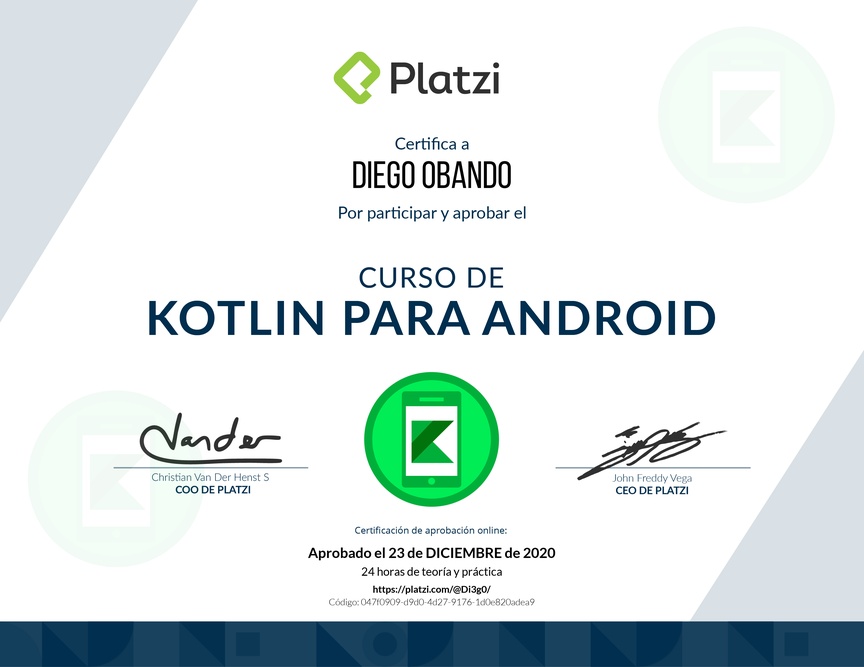 Diploma del Curso de Kotlin para Android