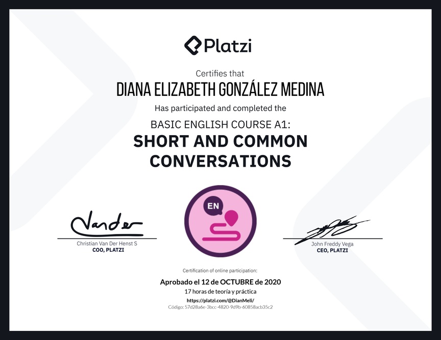 Diploma del Curso de Inglés Básico A1: Conversaciones Cortas y Habituales (2020)