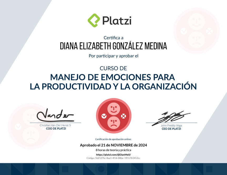 Diploma del Curso de Manejo de Emociones para la Productividad y la Organización