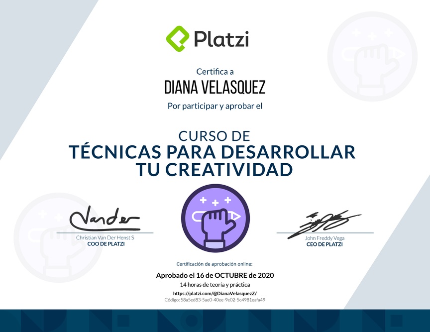 Diploma del Curso para Desarrollar tu Creatividad: Técnicas y Hábitos