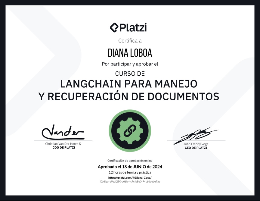 Diploma del Curso de LangChain para Manejo y Recuperación de Documentos