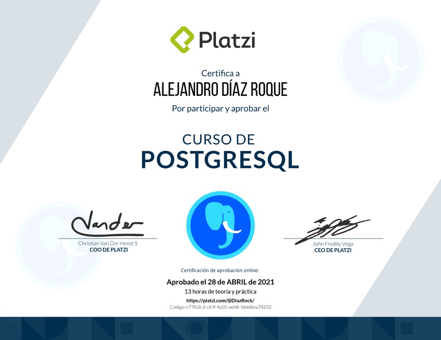 Diploma del Curso de PostgreSQL 2017