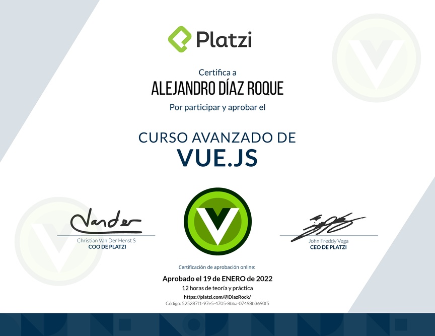 Diploma del Curso Avanzado de Vue.js 2