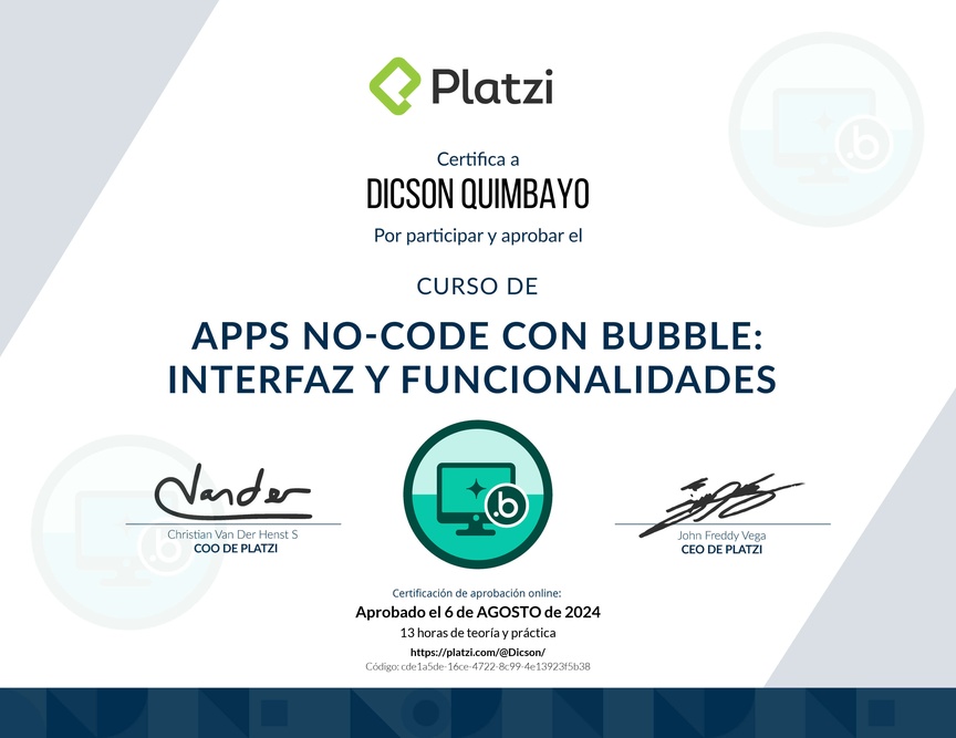 Diploma del Curso de Apps No-code con Bubble: Interfaz y Funcionalidades