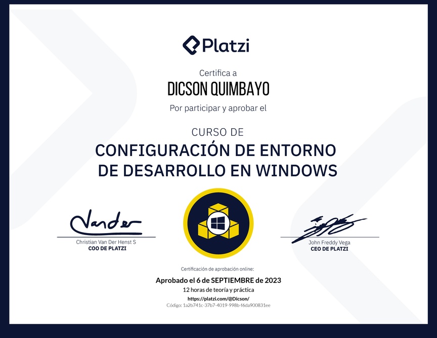 Diploma del Curso de Configuración de Entorno de Desarrollo en Windows