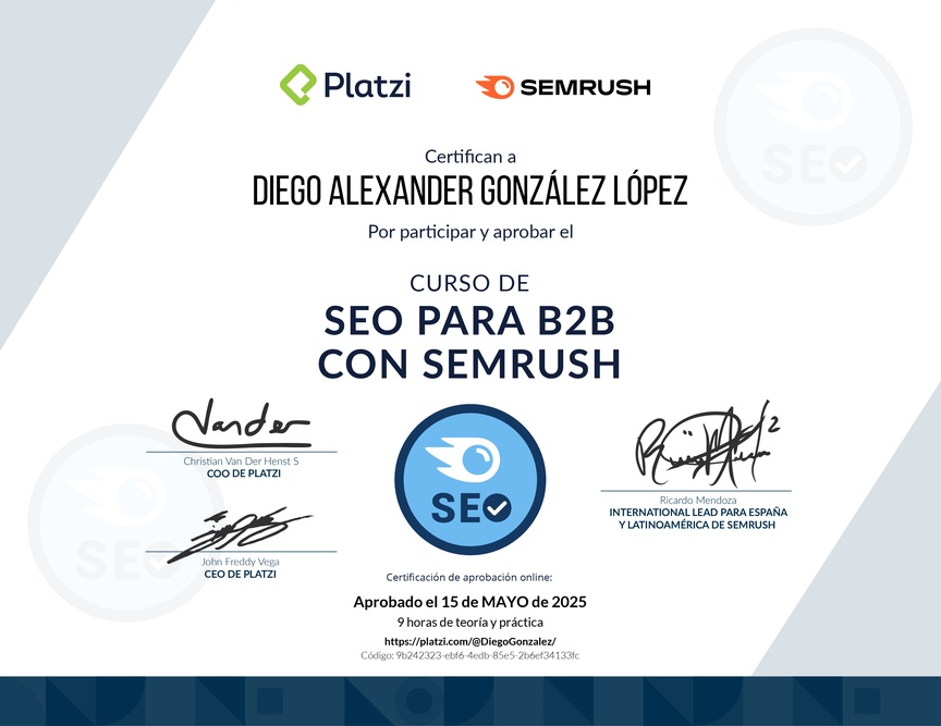 Diploma del Curso de SEO para B2B con Semrush