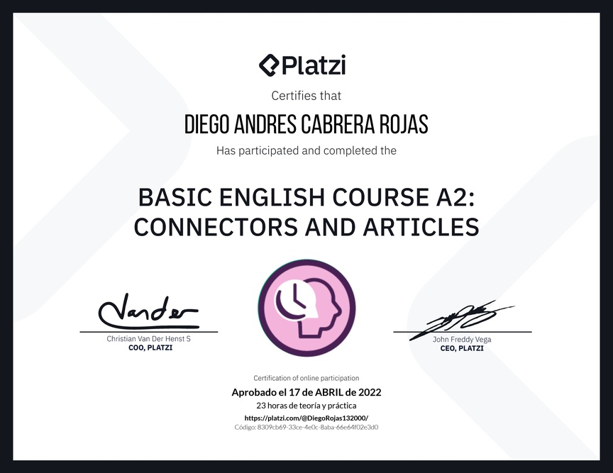 Diploma del Curso de Inglés Básico A2: Conectores y Artículos