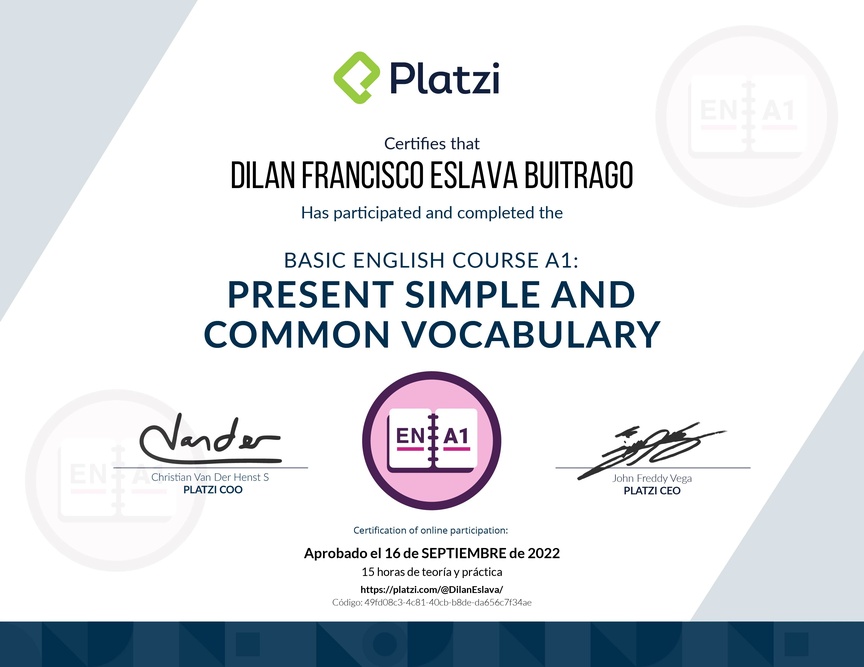 Diploma del Curso de Inglés Básico A1: Presente Simple y Vocabulario Común (2021)