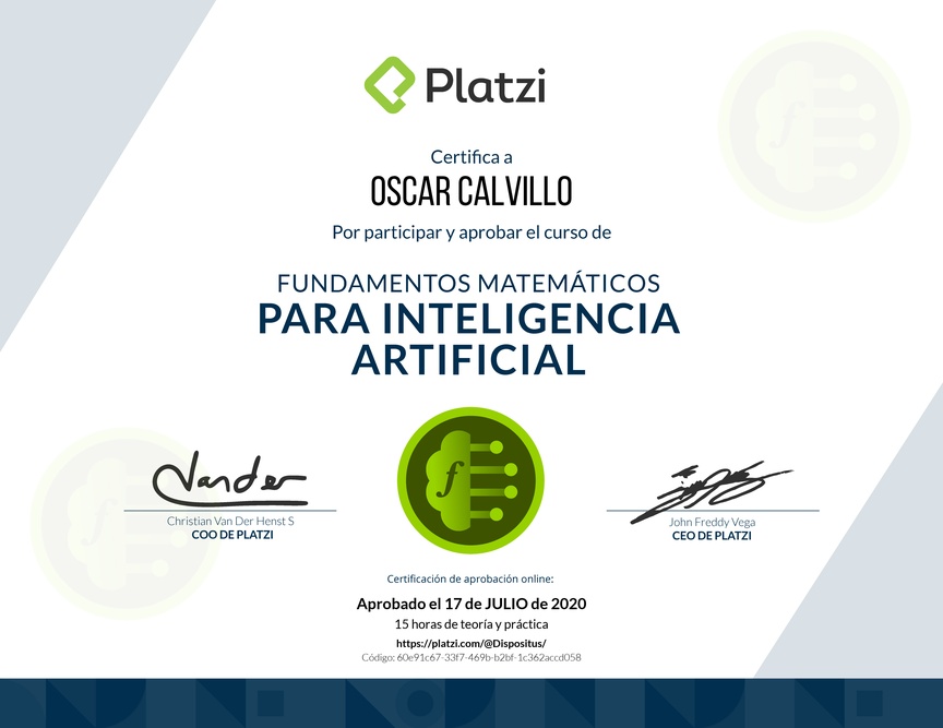 Diploma del Curso de Fundamentos Matemáticos para Inteligencia Artificial 2019
