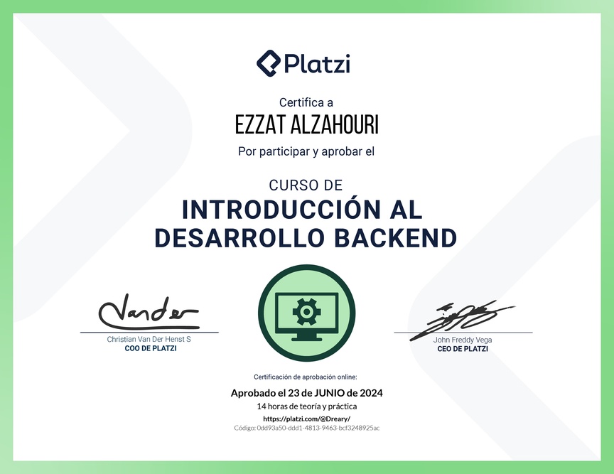 Diploma del Curso de Introducción al Desarrollo Backend