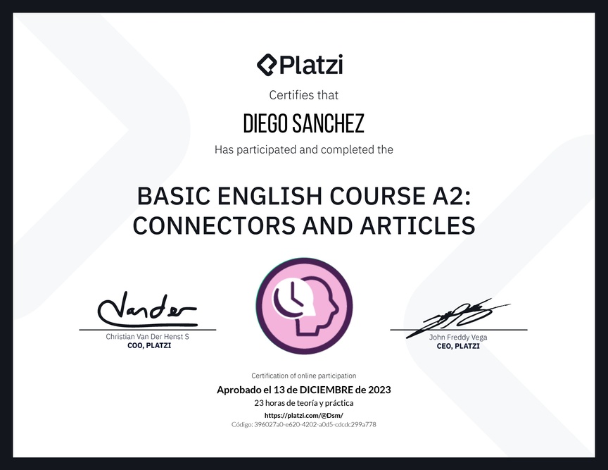 Diploma del Curso de Inglés Básico A2: Conectores y Artículos