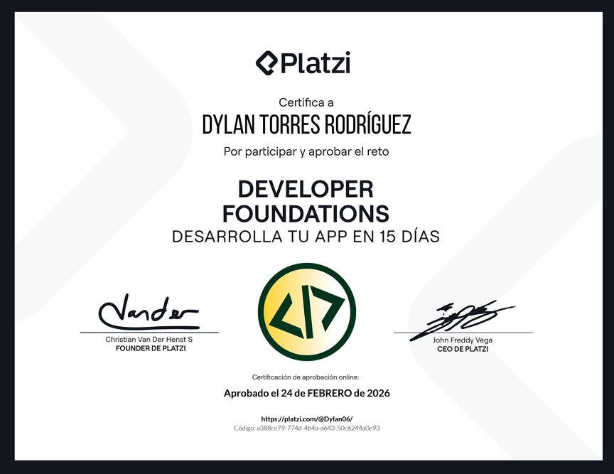 Diploma de la Ruta de Aprendizaje de Reto Developer Foundations: Crea tu app en 15 días