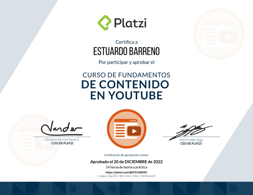 Diploma del Curso de Fundamentos de Contenido de YouTube