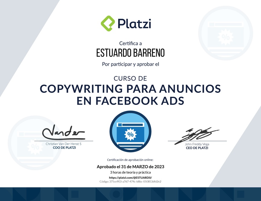 Diploma del Curso de Técnicas de Copywriting para Facebook Ads