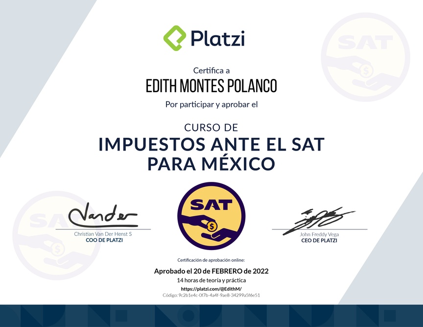 Diploma del Curso de Impuestos ante el SAT para México