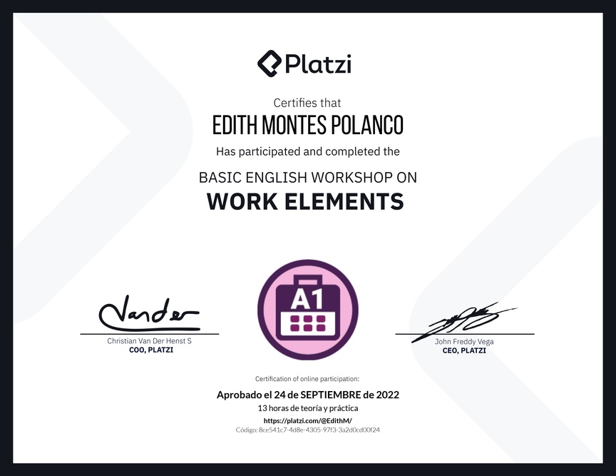 Diploma del Curso de Inglés Práctico sobre Elementos de Trabajo