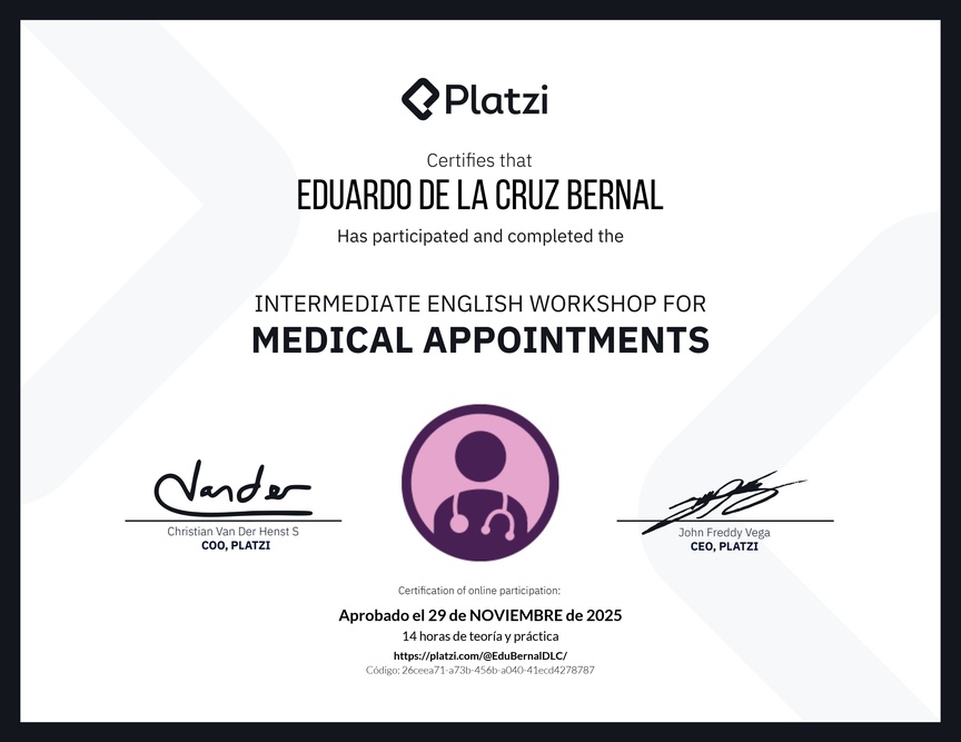 Diploma del Curso de Inglés Práctico para Consultas Médicas