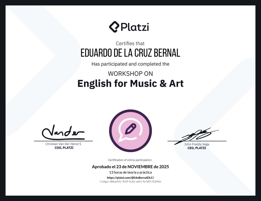 Diploma del Curso de Inglés Práctico sobre Vocabulario de Música y Arte