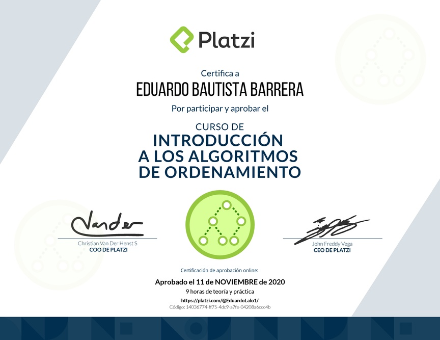 Diploma del Curso de Introducción a los Algoritmos de Ordenamiento