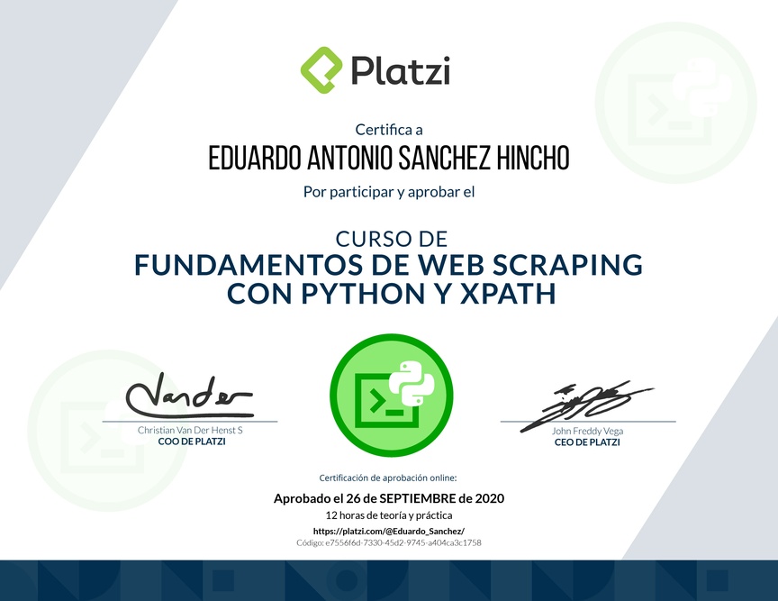 Diploma del Curso de Fundamentos de Web Scraping con Python y Xpath