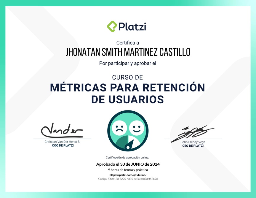 Diploma del Curso de Fundamentos de Métricas para Retención de Usuarios