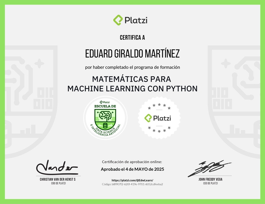 Diploma de la Ruta de Aprendizaje de Matemáticas para Machine Learning con Python