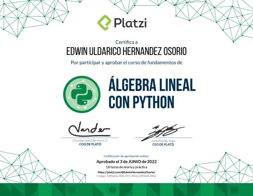 Diploma del Curso de Fundamentos de Álgebra Lineal con Python