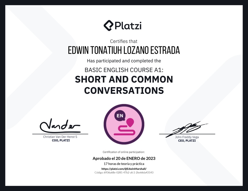 Diploma del Curso de Inglés Básico A1: Conversaciones Cortas y Habituales (2020)