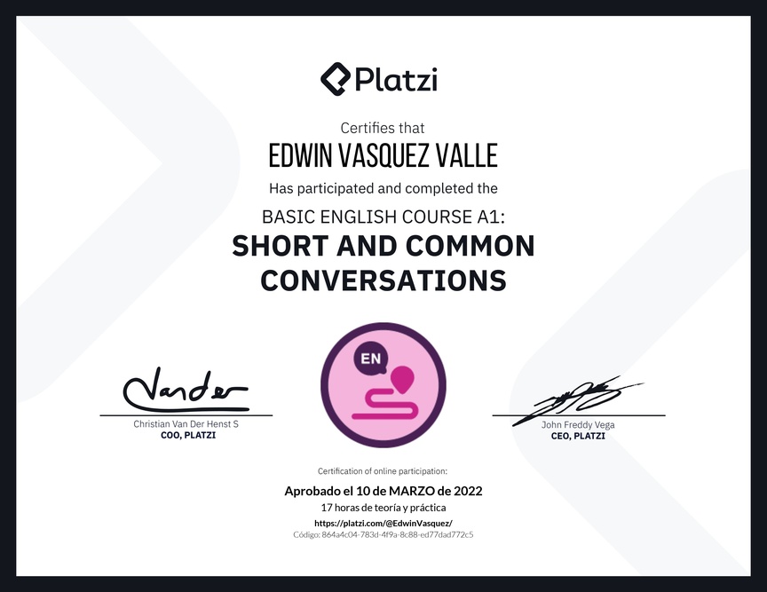 Diploma del Curso de Inglés Básico A1: Conversaciones Cortas y Habituales (2020)