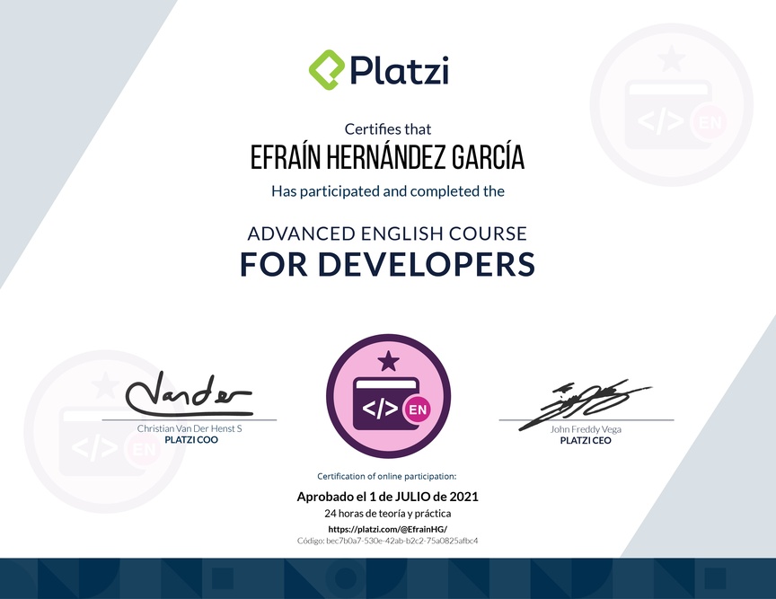 Diploma del Curso para Developers en Inglés (2020)