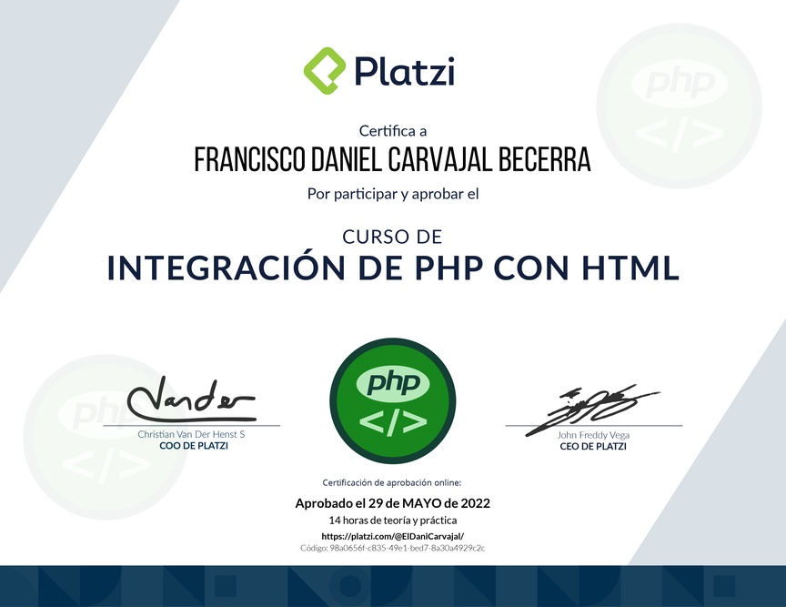 Diploma del Curso de PHP: Integración con HTML