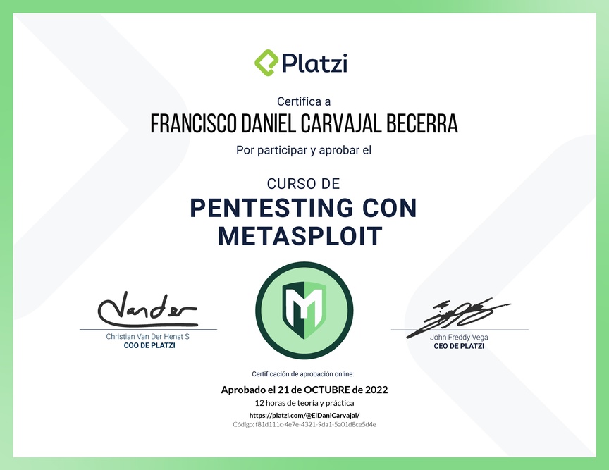 Diploma del Curso de Hacking: Pentesting con Metasploit