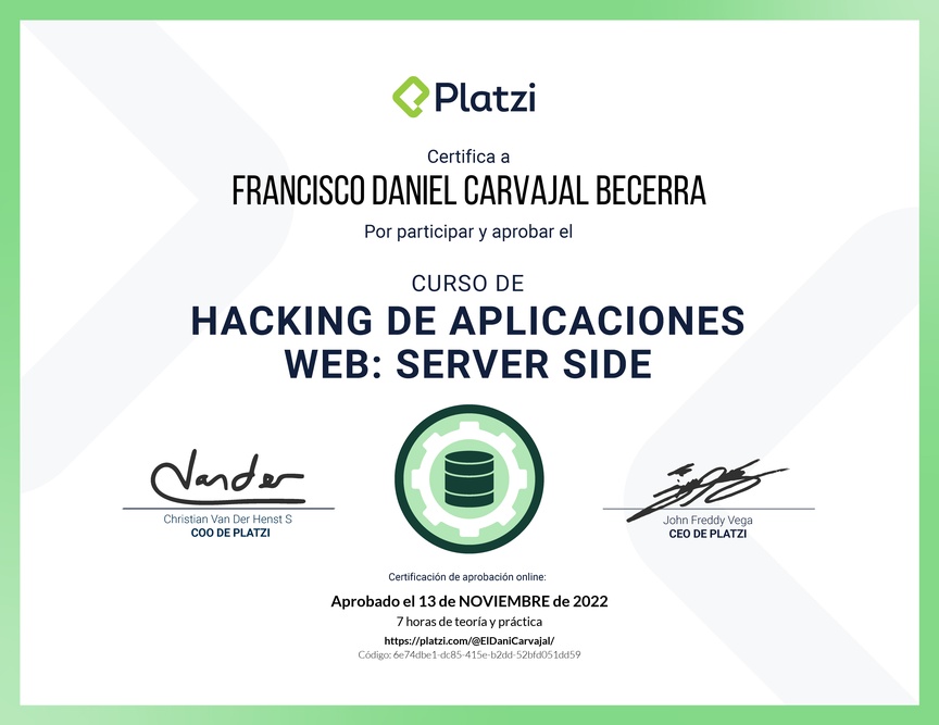 Diploma del Curso de Hacking: Aplicaciones Web Server Side
