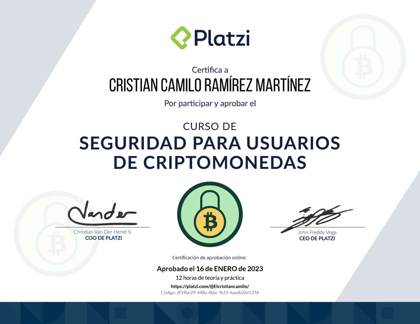 Diploma del Curso de Seguridad para Usuarios de Criptomonedas