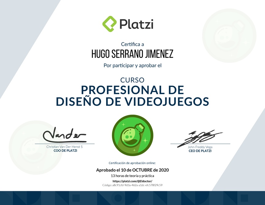 Diploma del Curso Profesional de Diseño de Videojuegos