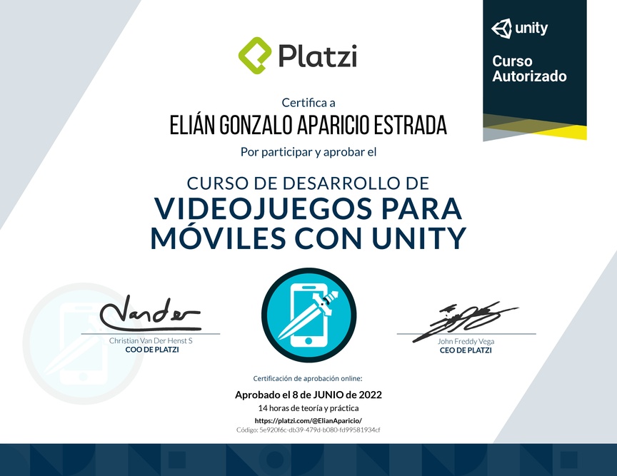 Diploma del Curso de Desarrollo de Videojuegos para Móviles con Unity