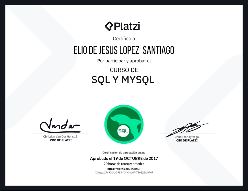 Diploma del Curso de SQL y MySQL 2016