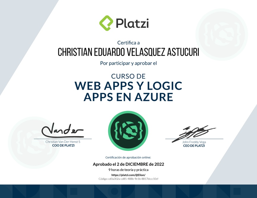 Diploma del Curso de Web Apps y Logic Apps en Azure