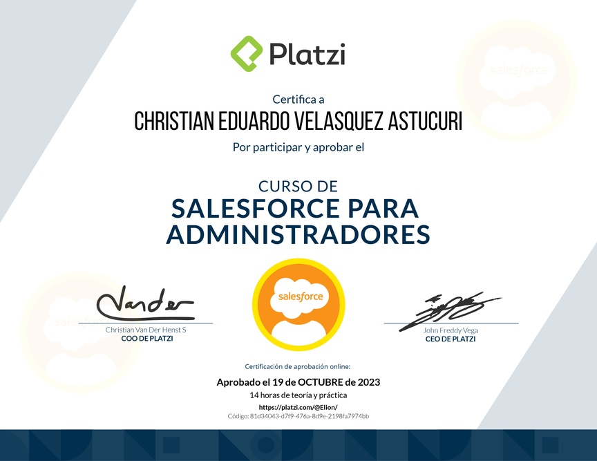Diploma del Curso de Salesforce para Administradores