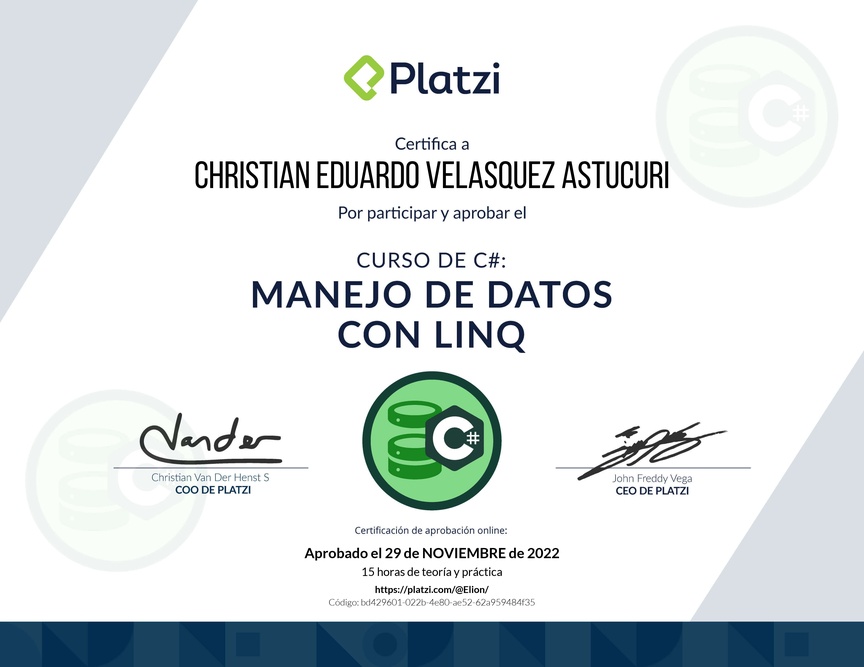 Diploma del Curso de Manejo de Datos en C# con LINQ