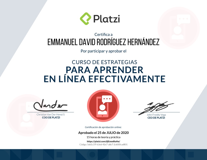 Diploma del Curso de Estrategias para Aprender en Línea Efectivamente 2019