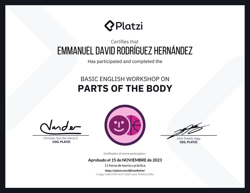 Diploma del Curso de Inglés Práctico sobre las Partes del Cuerpo