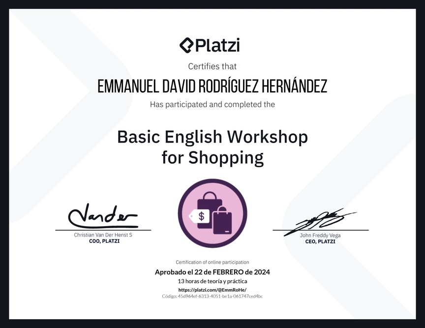 Diploma del Curso de Inglés Práctico para Compras