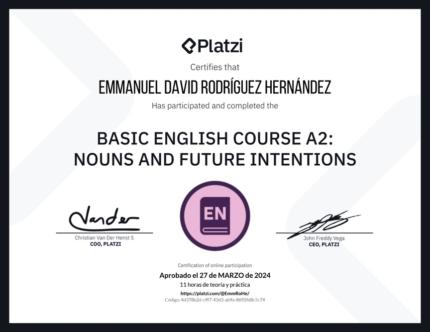 Diploma del Curso de Inglés Básico A2: Sustantivos e Intenciones Futuras