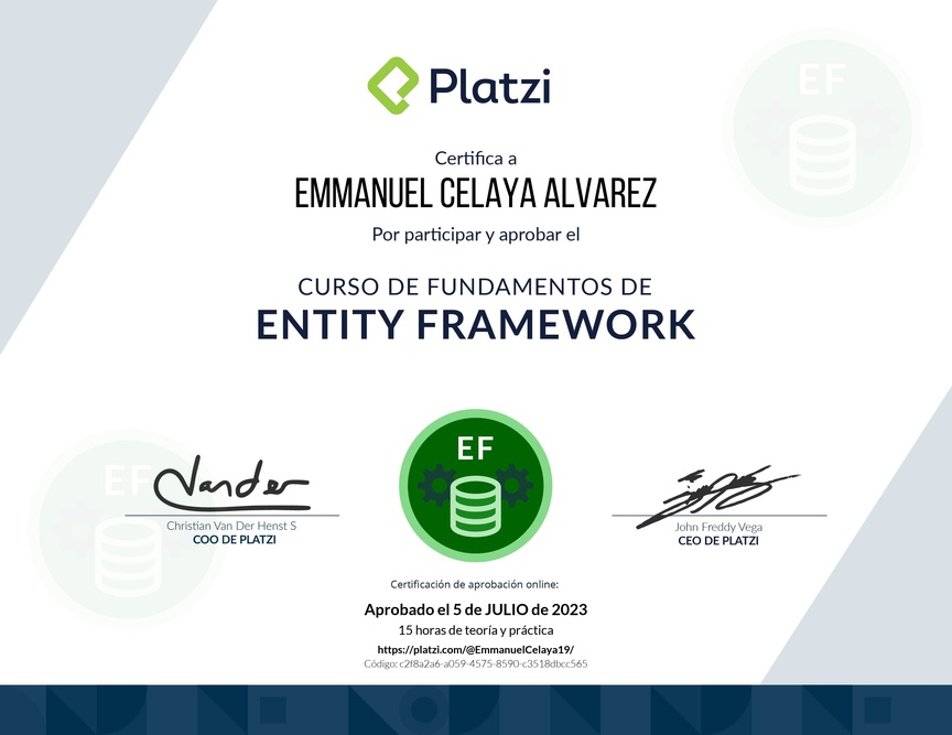 Diploma del Curso de Fundamentos de Entity Framework