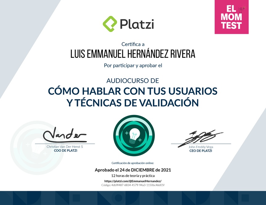 Diploma de Audiocurso Cómo Hablar Con Tus Usuarios y Técnicas de Validación