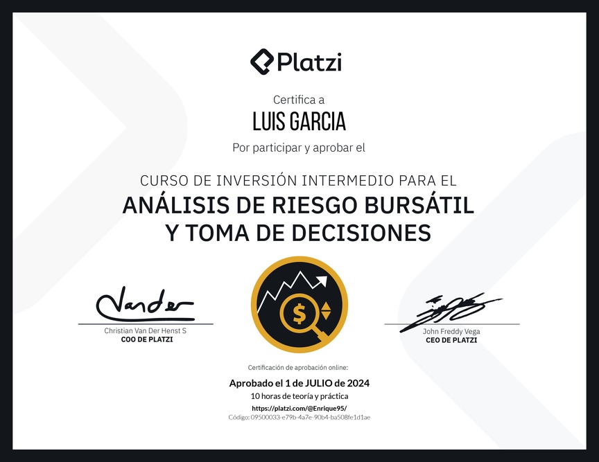 Diploma del Curso de Inversión Intermedio para el Análisis de Riesgo Bursátil y Toma de Decisiones