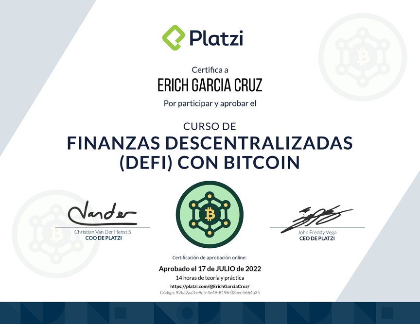 Diploma del Curso de Finanzas Descentralizadas con Bitcoin
