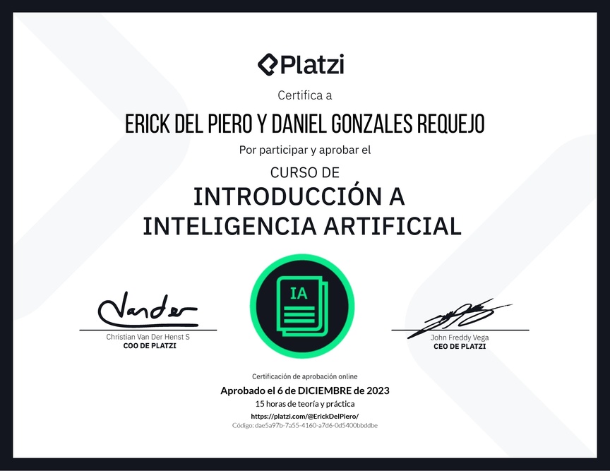 Diploma del Curso de Introducción a Inteligencia Artificial (2023)